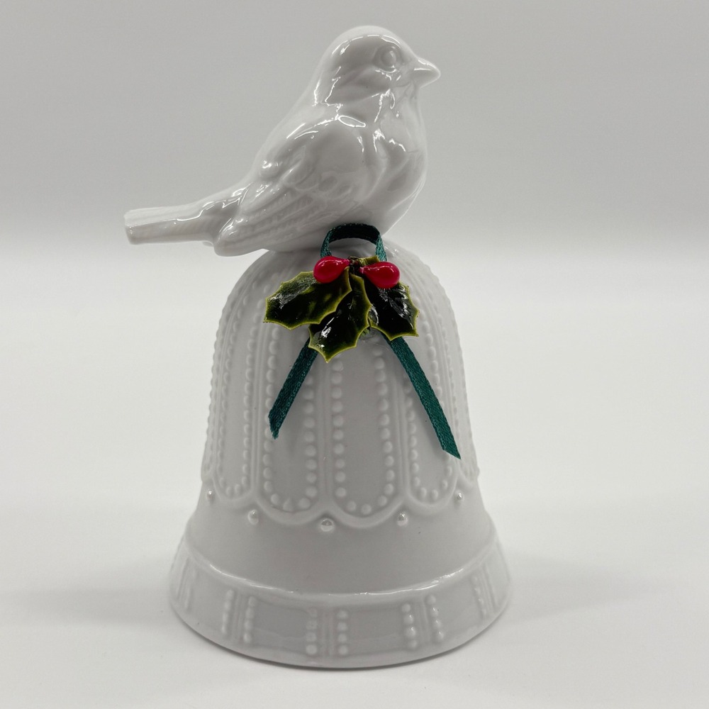 Vintage 90s Porcelain Bird on Bell Figurine Christmas Holiday Decor 1997 Festive